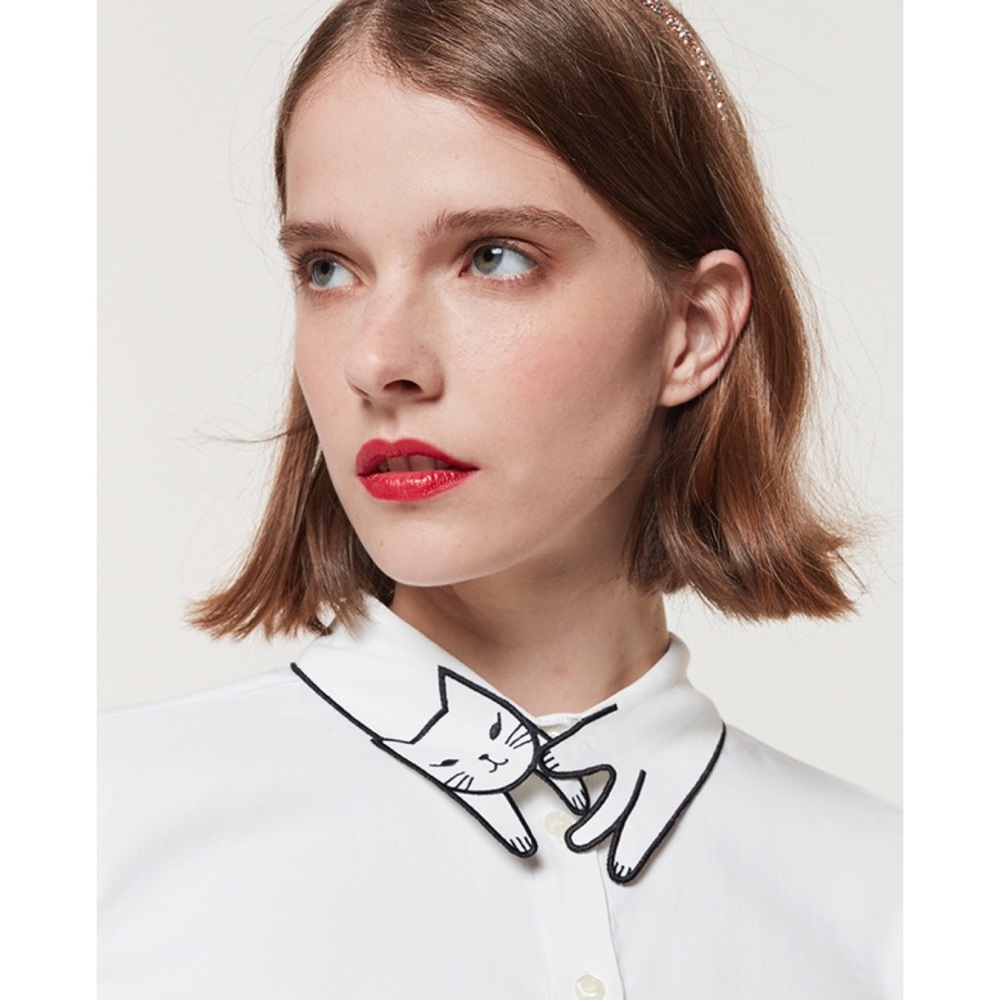 Button-up Cat Embroidered Collar Cuff Sleeve Sz S